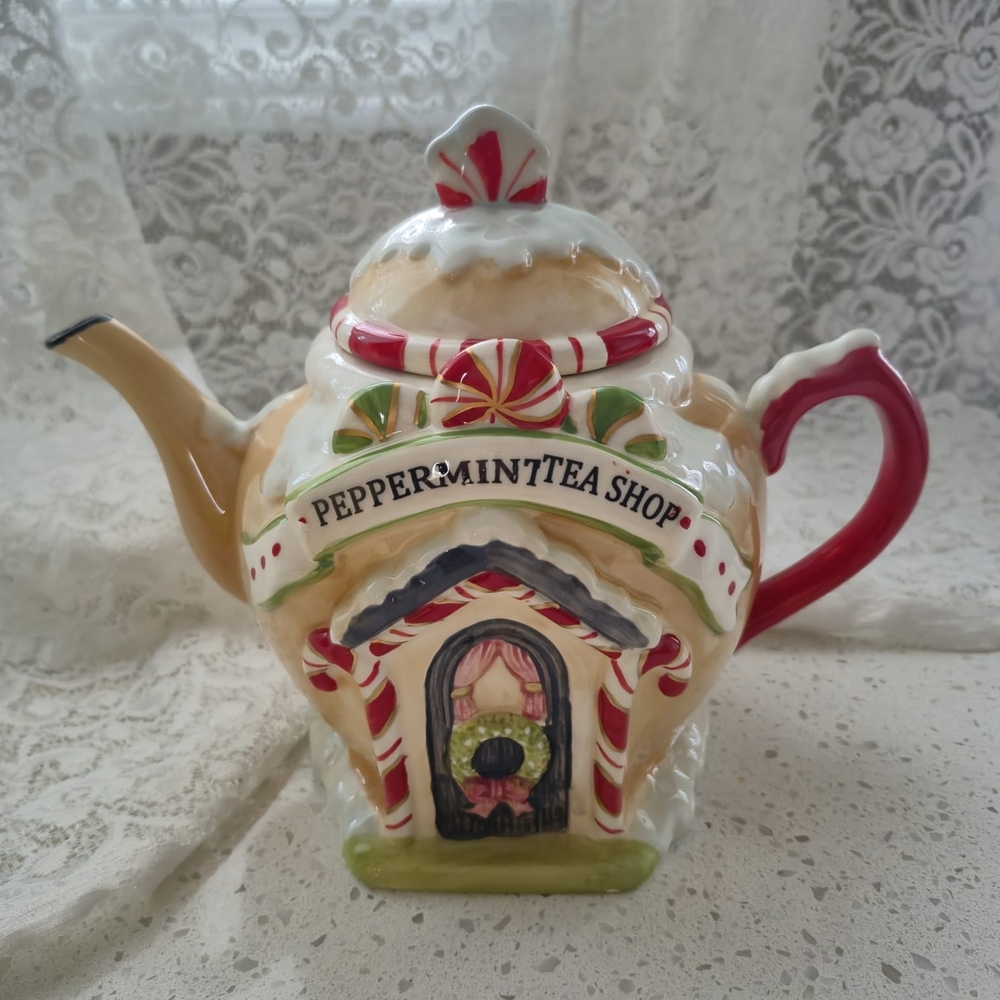 Peppermintteashop  teapot for holiday decor, hand painted ceramic - holds